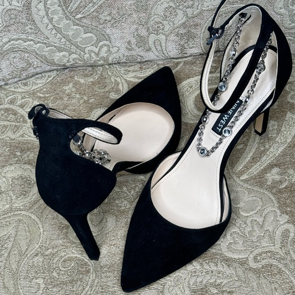 Nine West Black Suede Stiletto with Ankle Strap and Rhinestone Ankle Chain - Picture 2 of 7